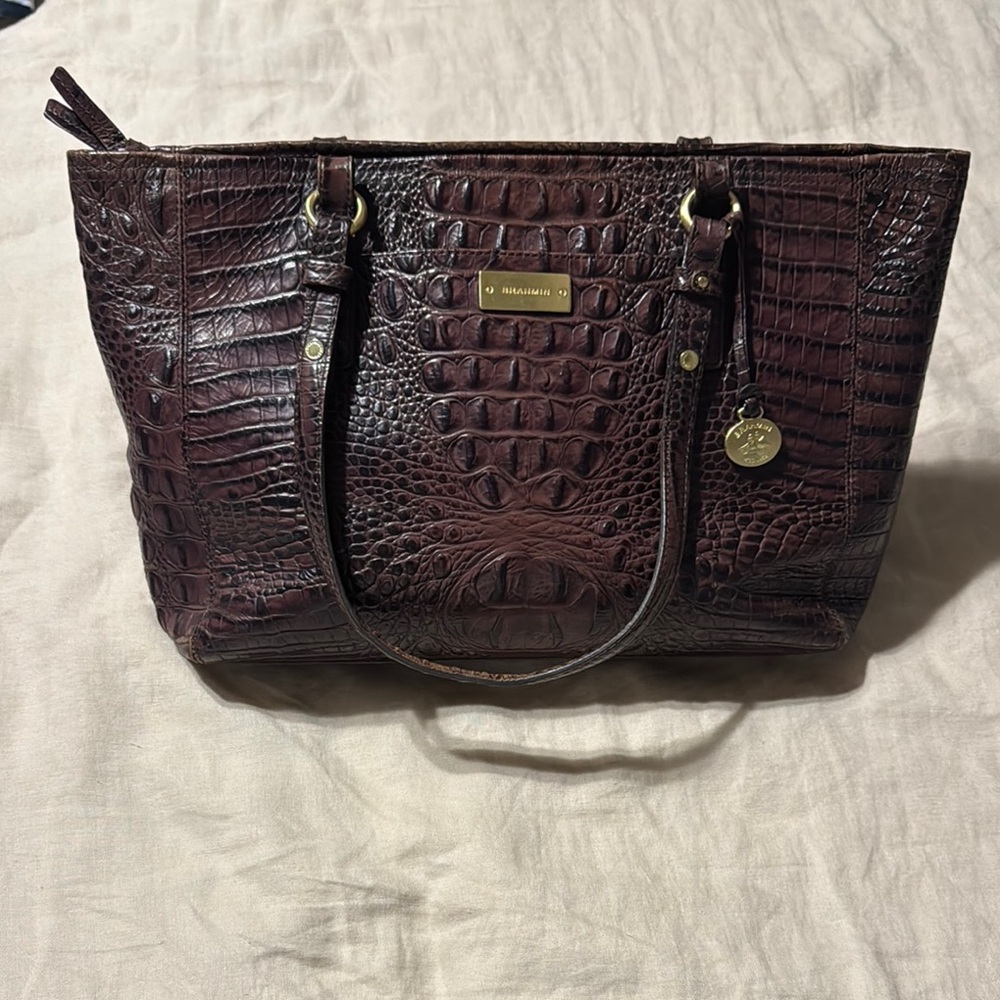 Brahmin Brown Crocodile-Embossed Tote Bag with Gold Accents